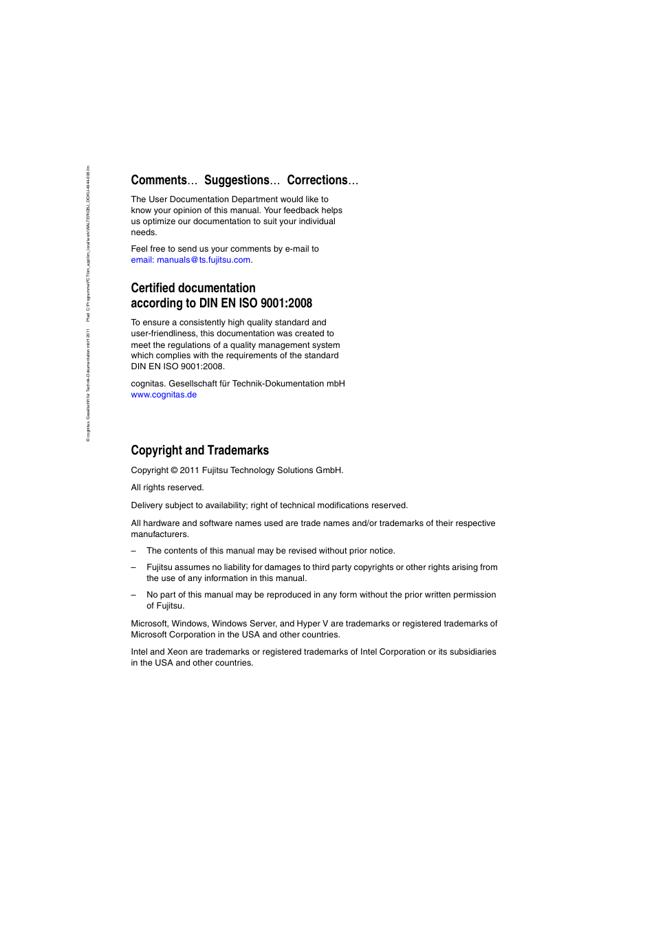 Comments … suggestions … corrections, Copyright and trademarks | FUJITSU BX900 S1 User Manual | Page 2 / 144