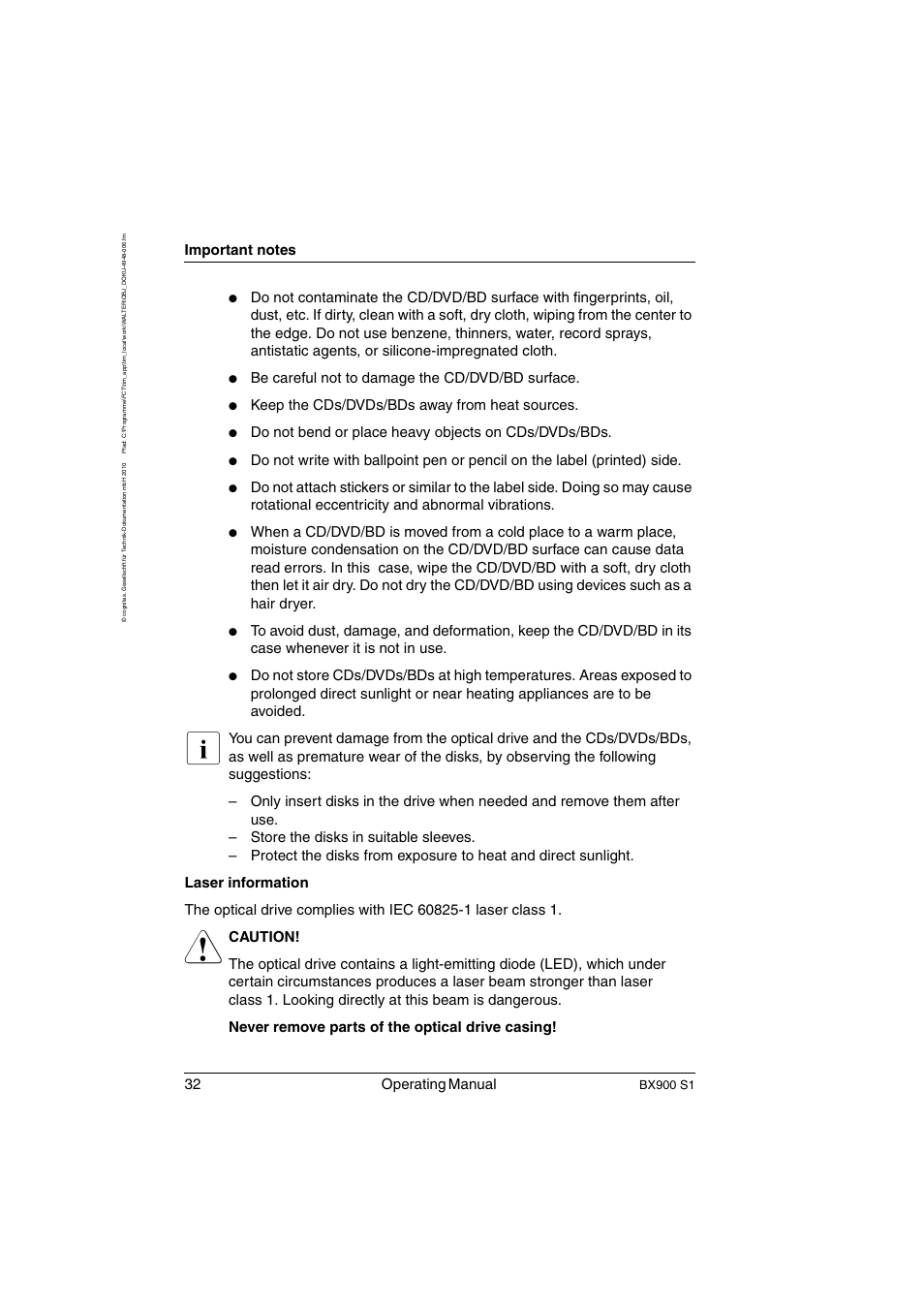 32 operating manual, Be careful not to damage the cd/dvd/bd surface, Keep the cds/dvds/bds away from heat sources | Do not bend or place heavy objects on cds/dvds/bds, Bx900 s1 | FUJITSU BX900 S1 User Manual | Page 32 / 144