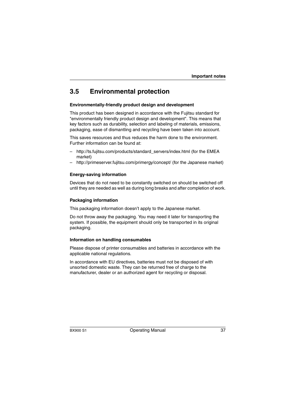 Environmental protection, 5 environmental protection | FUJITSU BX900 S1 User Manual | Page 37 / 144