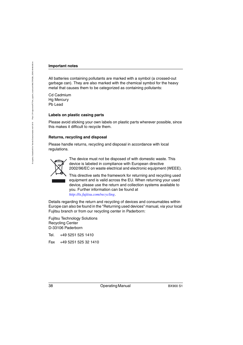 38 operating manual, Bx900 s1 | FUJITSU BX900 S1 User Manual | Page 38 / 144