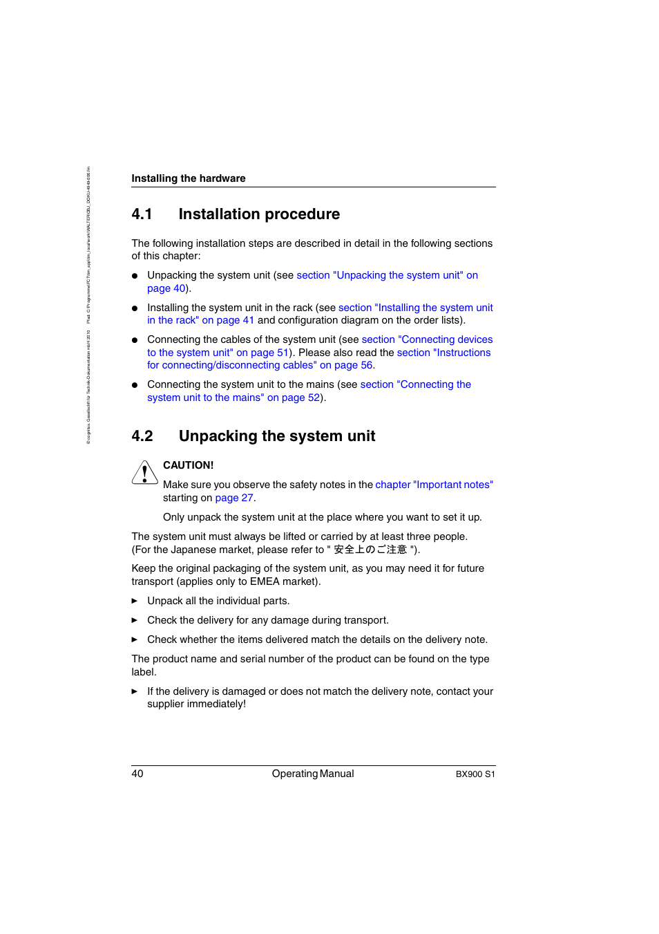 Installation procedure, Unpacking the system unit, 1 installation procedure | 2 unpacking the system unit, 40 operating manual, Installing the hardware | FUJITSU BX900 S1 User Manual | Page 40 / 144