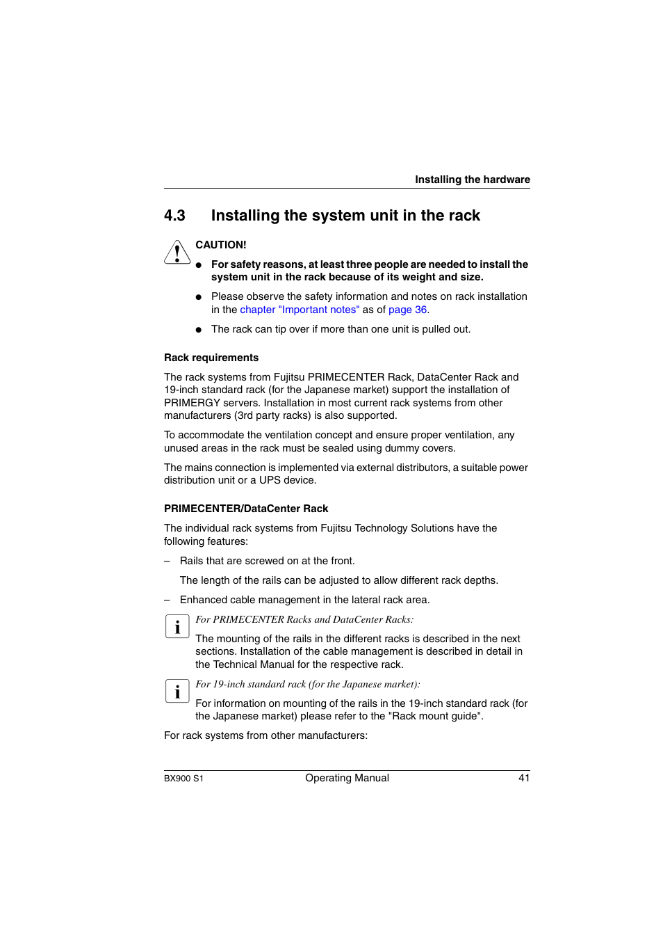 Installing the system unit in the rack, Section "installing the system unit in the, And c | Section "installing the system unit, 3 installing the system unit in the rack | FUJITSU BX900 S1 User Manual | Page 41 / 144