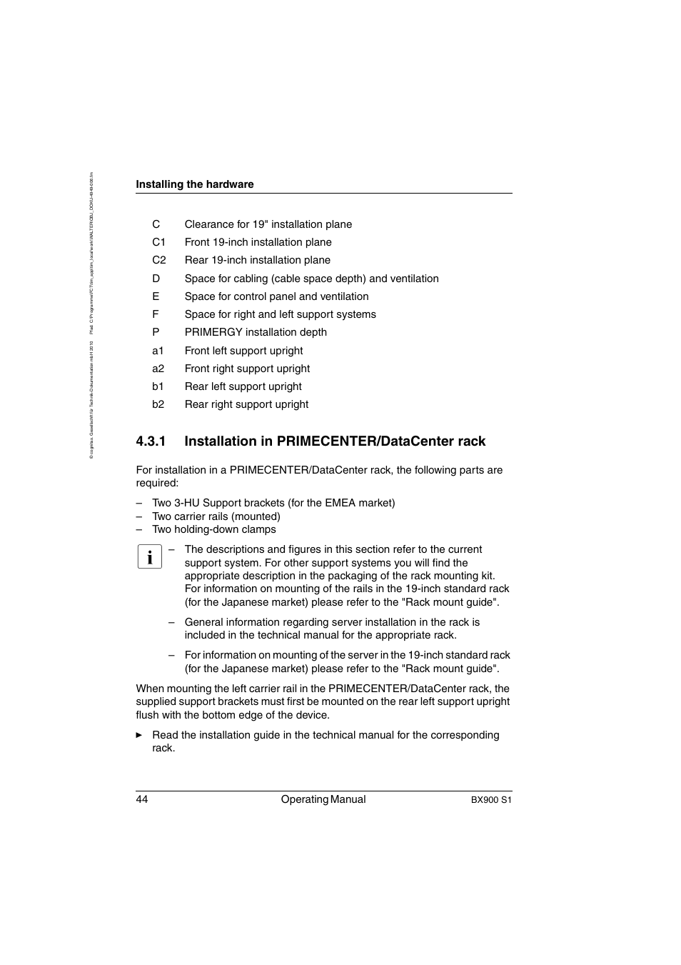 Installation in primecenter/datacenter rack, 1 installation in primecenter/datacenter rack, 44 operating manual | Installing the hardware | FUJITSU BX900 S1 User Manual | Page 44 / 144