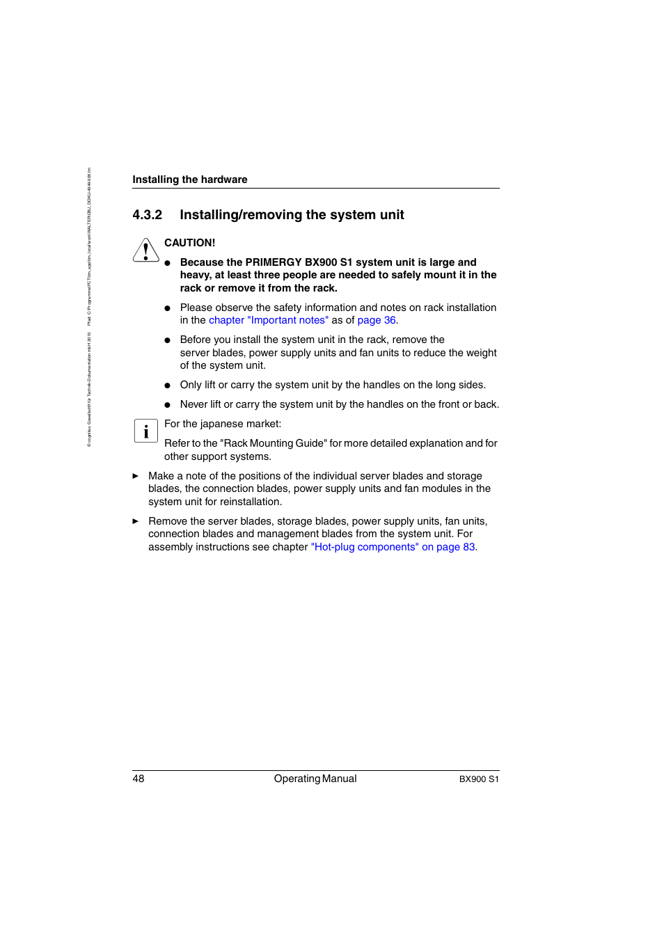 Installing/removing the system unit, 2 installing/removing the system unit, 48 operating manual | Installing the hardware, Caution, Bx900 s1 | FUJITSU BX900 S1 User Manual | Page 48 / 144