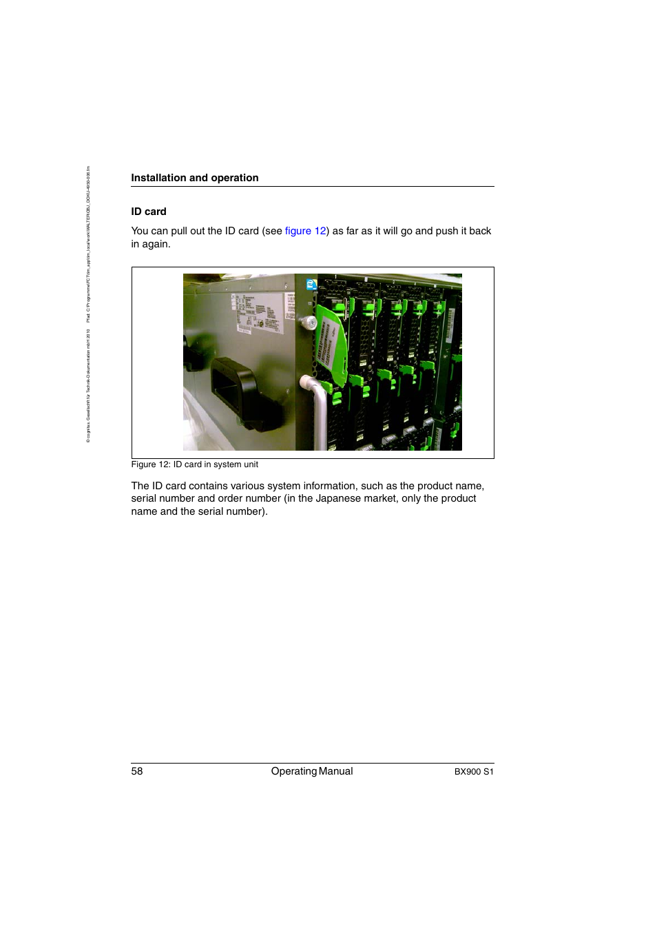 58 operating manual, Installation and operation, Bx900 s1 | Figure 12: id card in system unit | FUJITSU BX900 S1 User Manual | Page 58 / 144