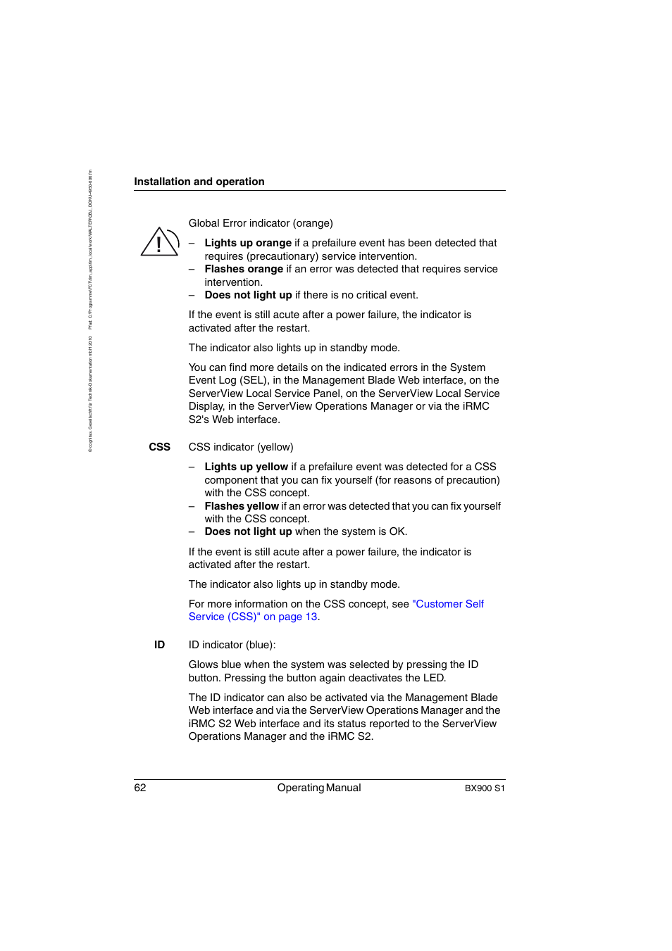 62 operating manual, Installation and operation, Bx900 s1 | FUJITSU BX900 S1 User Manual | Page 62 / 144