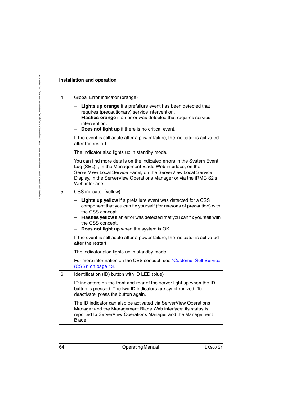 64 operating manual, Installation and operation, Bx900 s1 | FUJITSU BX900 S1 User Manual | Page 64 / 144