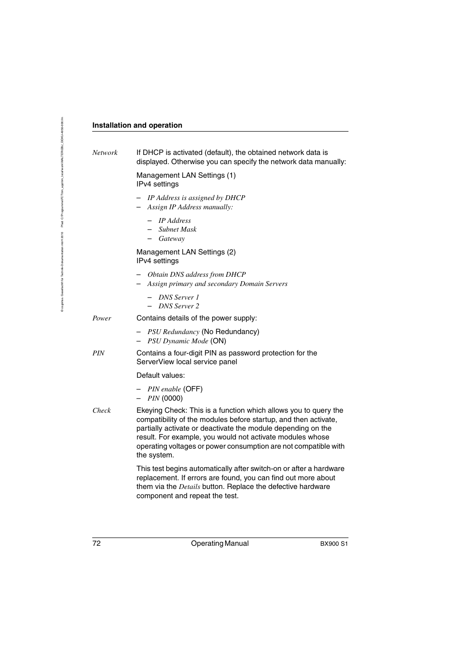 72 operating manual, Installation and operation | FUJITSU BX900 S1 User Manual | Page 72 / 144