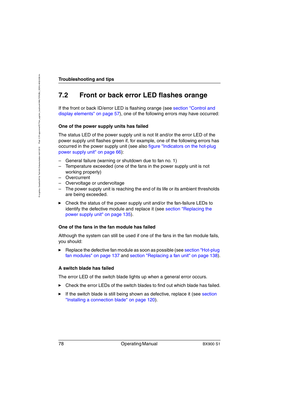 Front or back error led flashes orange, 2 front or back error led flashes orange, 78 operating manual | Troubleshooting and tips | FUJITSU BX900 S1 User Manual | Page 78 / 144