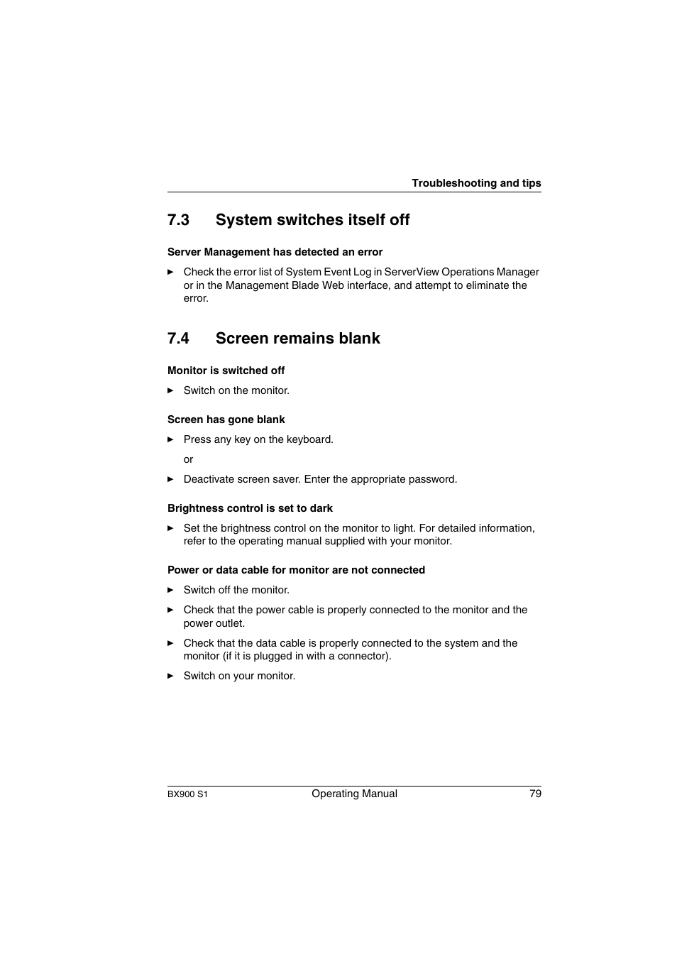 System switches itself off, Screen remains blank, 3 system switches itself off | 4 screen remains blank | FUJITSU BX900 S1 User Manual | Page 79 / 144