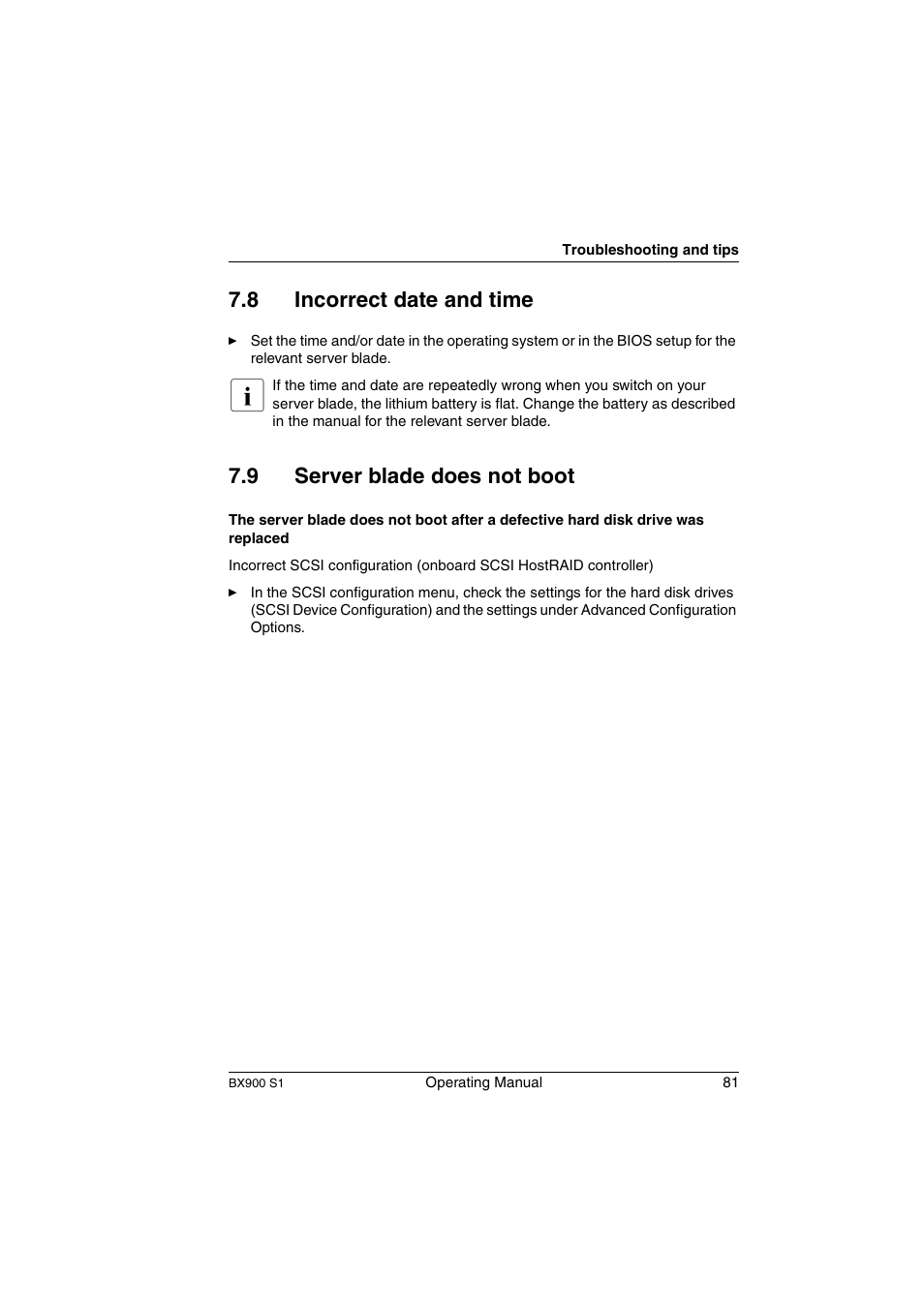 Incorrect date and time, Server blade does not boot, 8 incorrect date and time | 9 server blade does not boot | FUJITSU BX900 S1 User Manual | Page 81 / 144