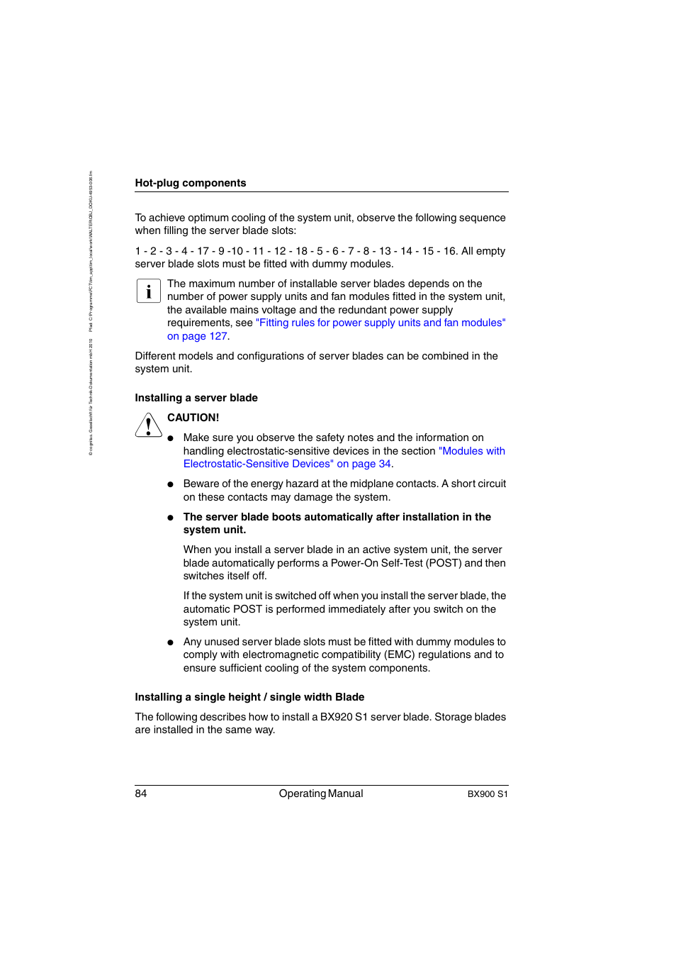 84 operating manual, Hot-plug components, Caution | Bx900 s1 | FUJITSU BX900 S1 User Manual | Page 84 / 144