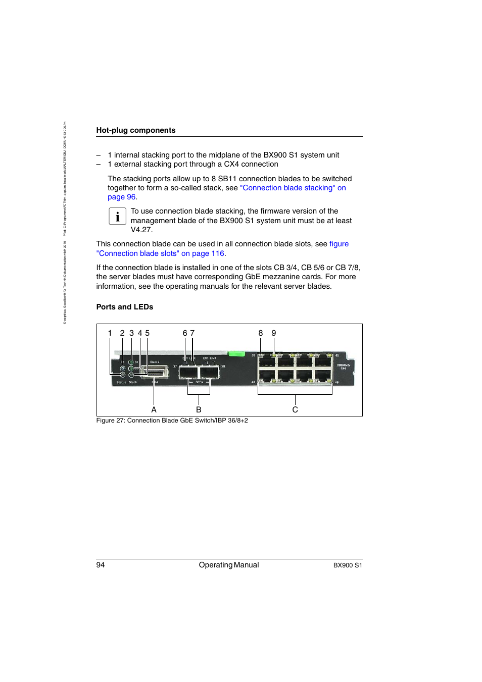 94 operating manual, Hot-plug components, Bx900 s1 | FUJITSU BX900 S1 User Manual | Page 94 / 144