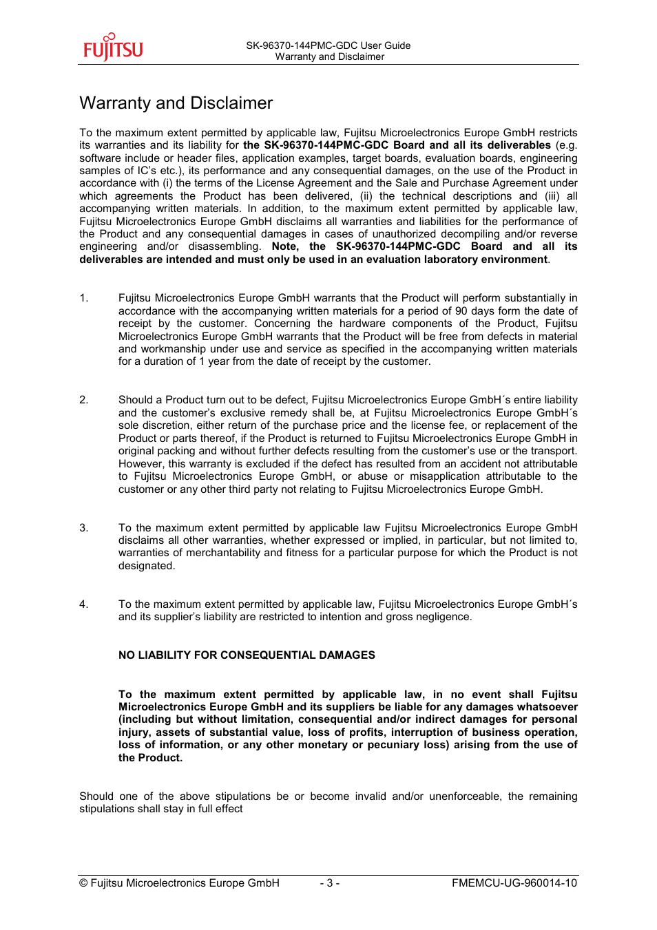 Warranty and disclaimer | FUJITSU MB96300 User Manual | Page 3 / 36