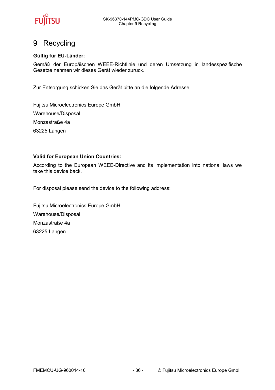 9 recycling | FUJITSU MB96300 User Manual | Page 36 / 36