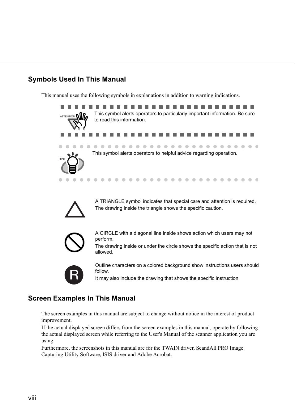 Viii symbols used in this manual, Screen examples in this manual | FUJITSU fi-5950 User Manual | Page 10 / 257