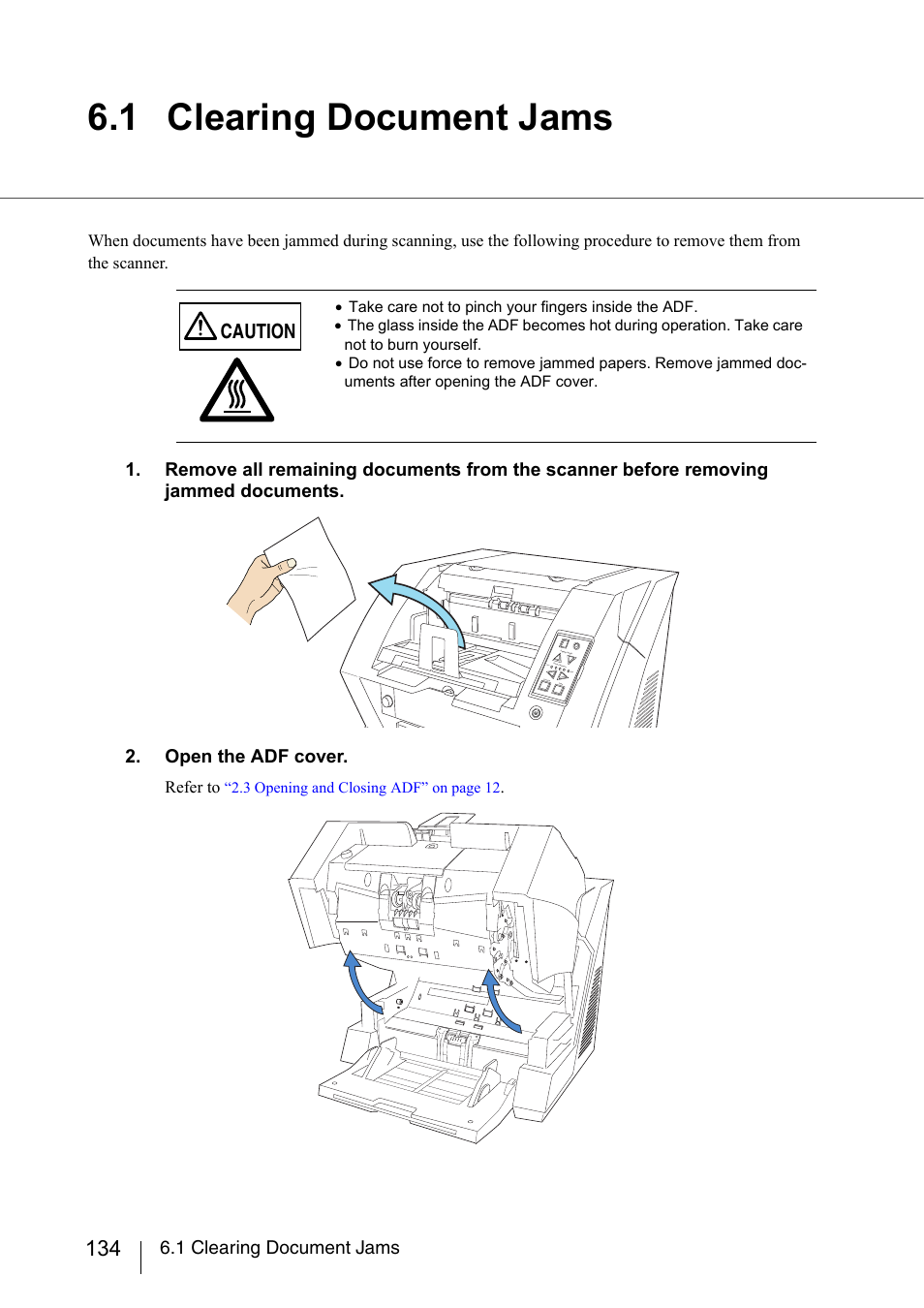 1 clearing document jams, Caution, Refer to | FUJITSU fi-5950 User Manual | Page 154 / 257