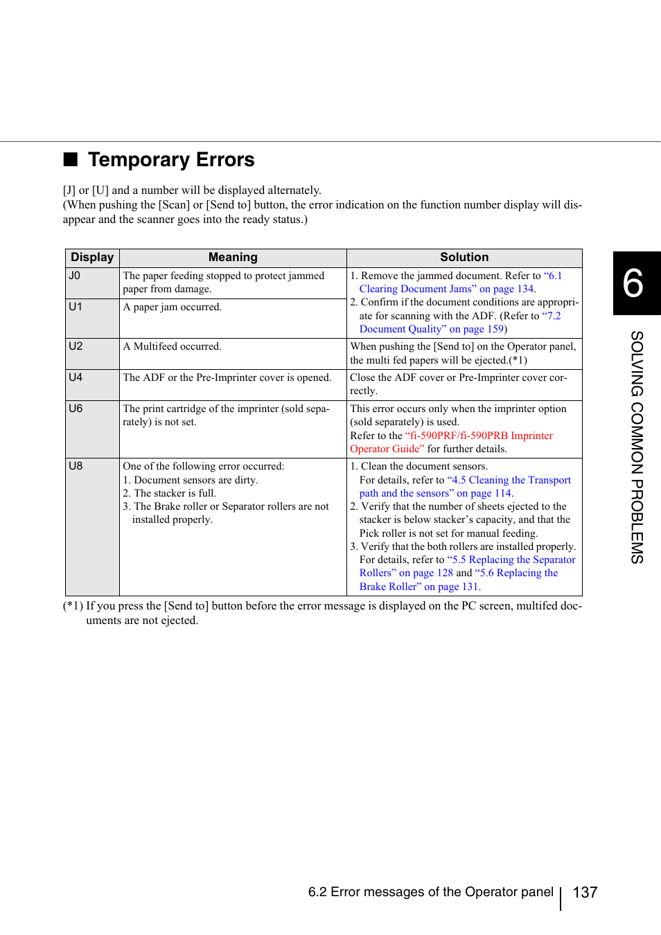 Temporary errors, Sol v ing common pr oblems | FUJITSU fi-5950 User Manual | Page 157 / 257