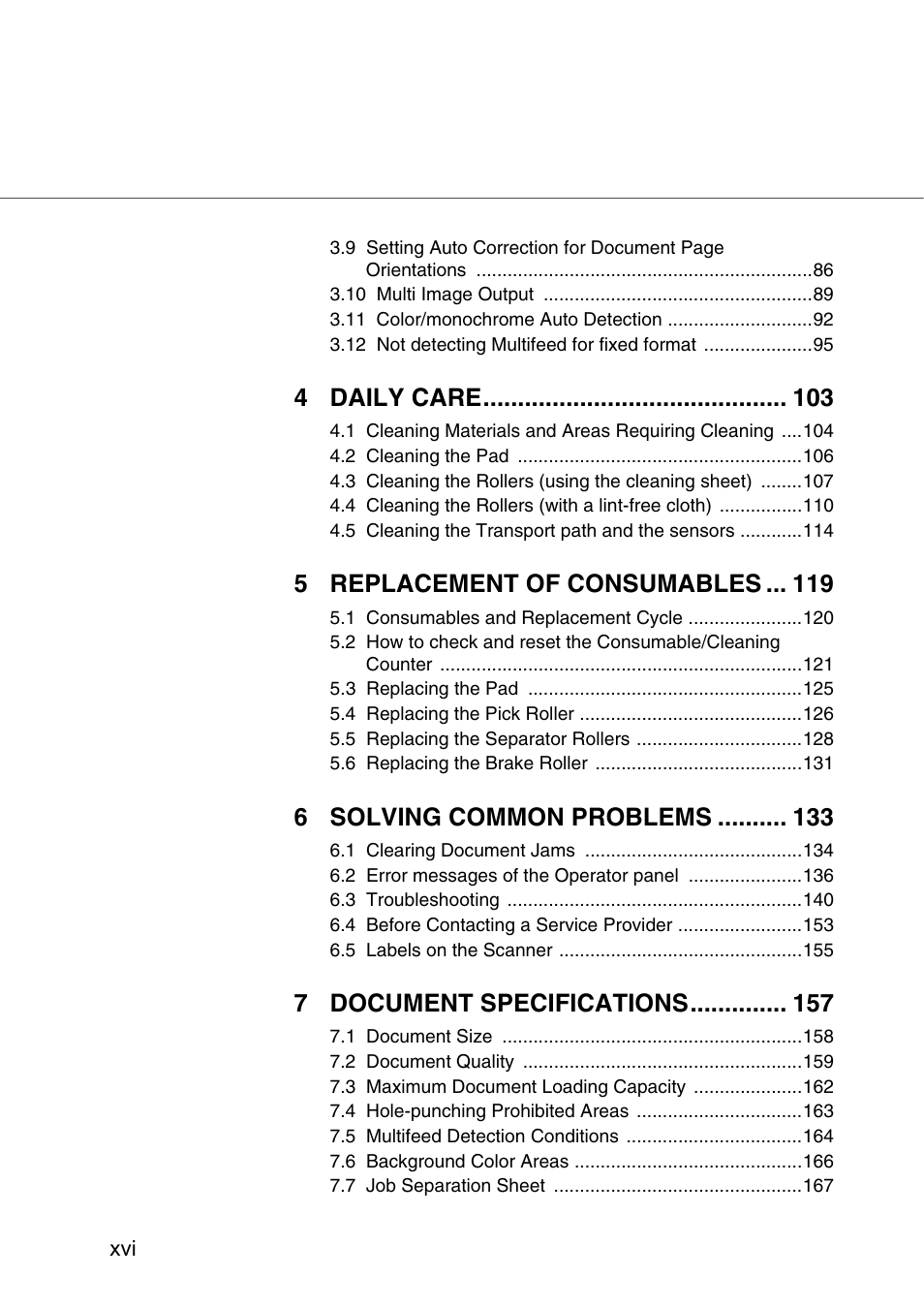 4 daily care, 5 replacement of consumables, 6 solving common problems | 7 document specifications | FUJITSU fi-5950 User Manual | Page 18 / 257