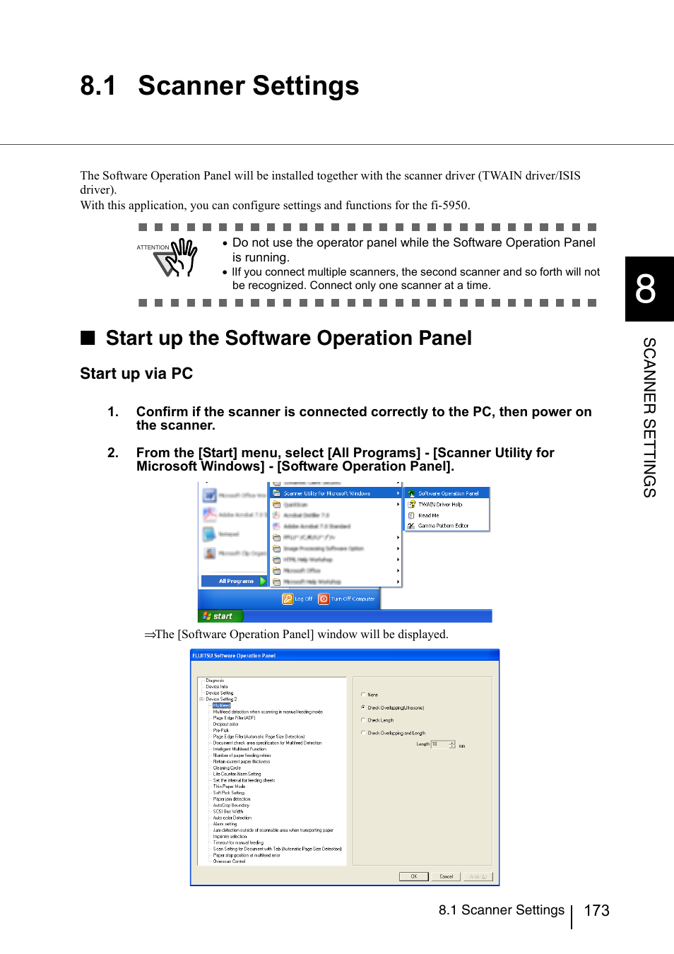 1 scanner settings, Start up the software operation panel | FUJITSU fi-5950 User Manual | Page 193 / 257