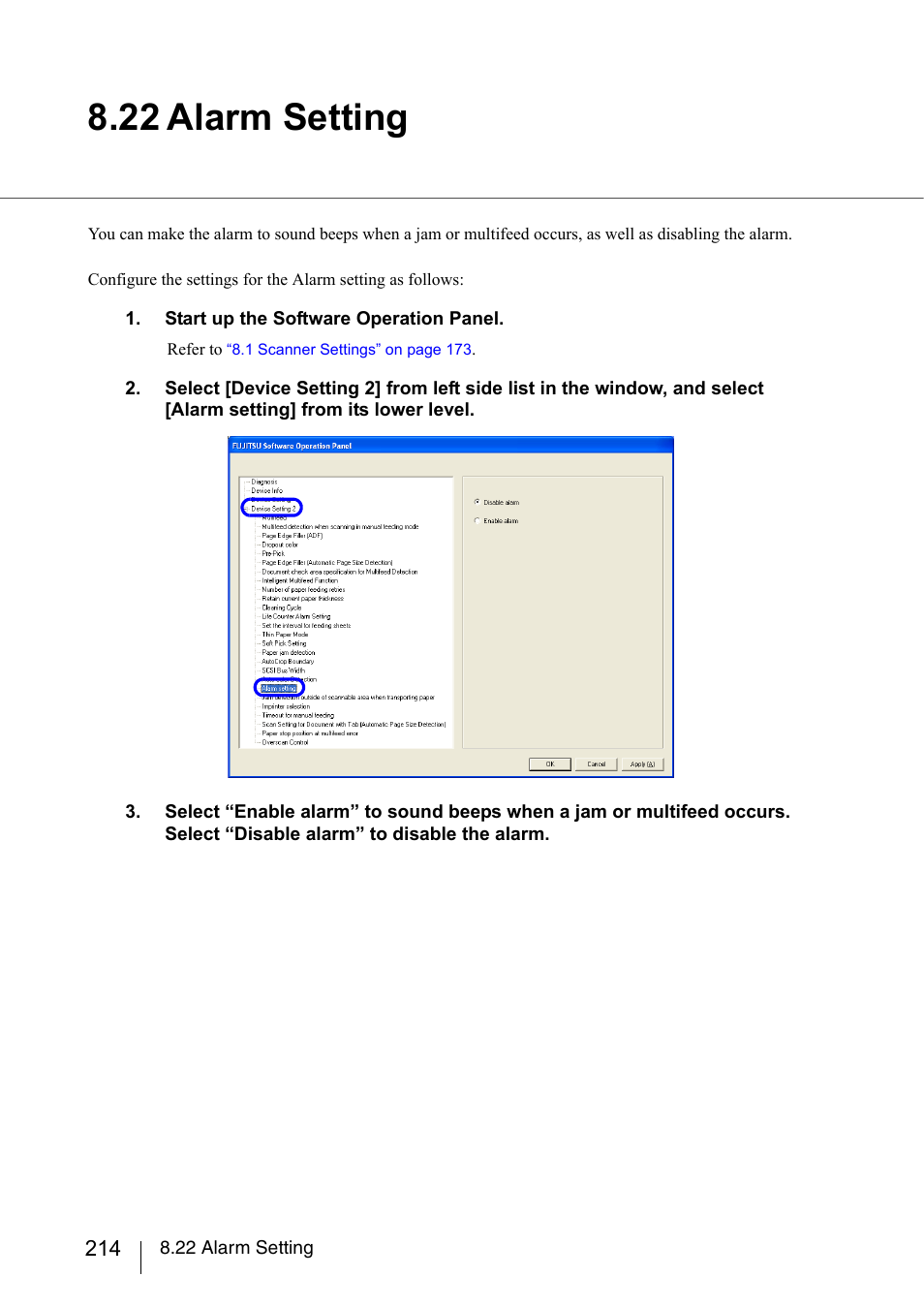 22 alarm setting, Section 8.22 | FUJITSU fi-5950 User Manual | Page 234 / 257