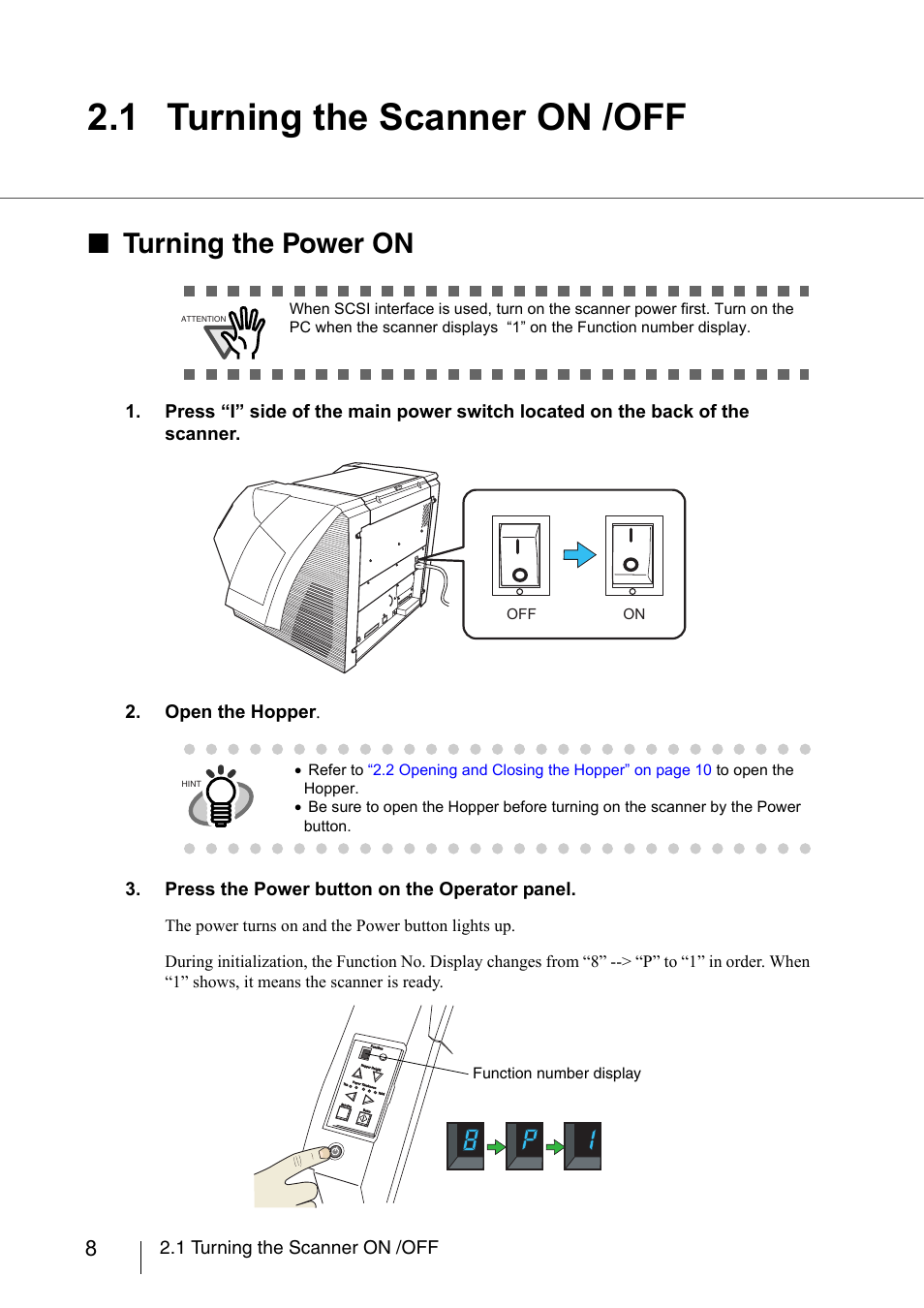 1 turning the scanner on /off, Turning the power on | FUJITSU fi-5950 User Manual | Page 28 / 257