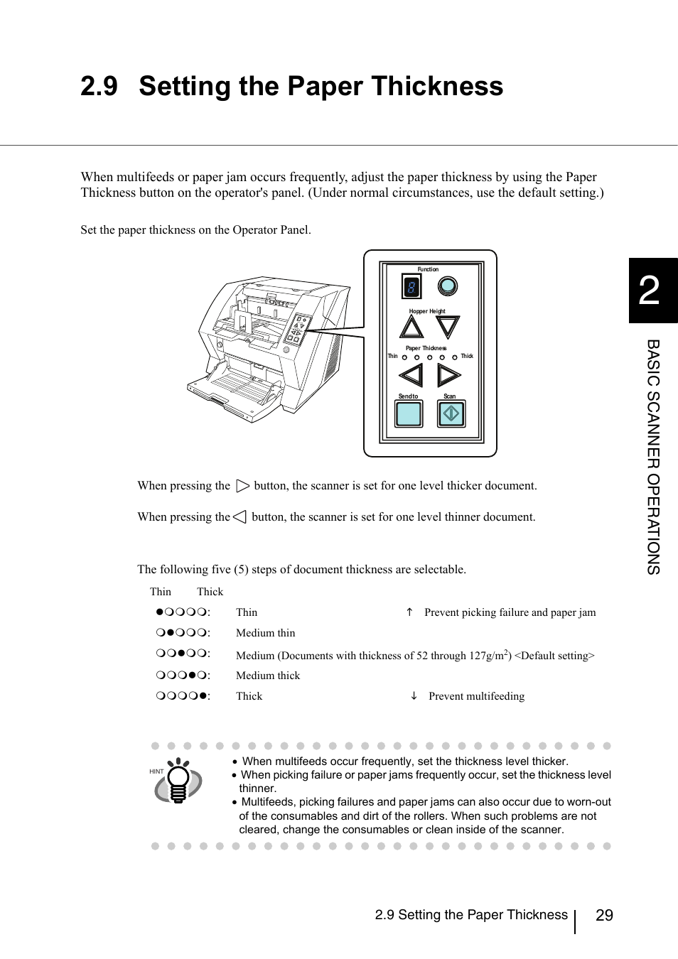 9 setting the paper thickness, Basic scanner opera t ions | FUJITSU fi-5950 User Manual | Page 49 / 257