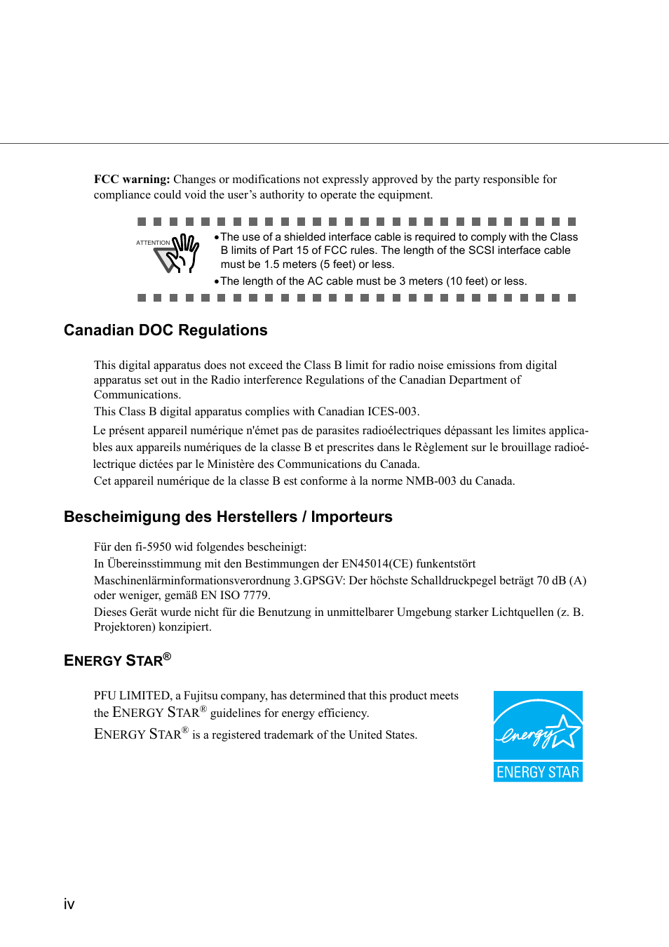 Canadian doc regulations, Bescheimigung des herstellers / importeurs | FUJITSU fi-5950 User Manual | Page 6 / 257