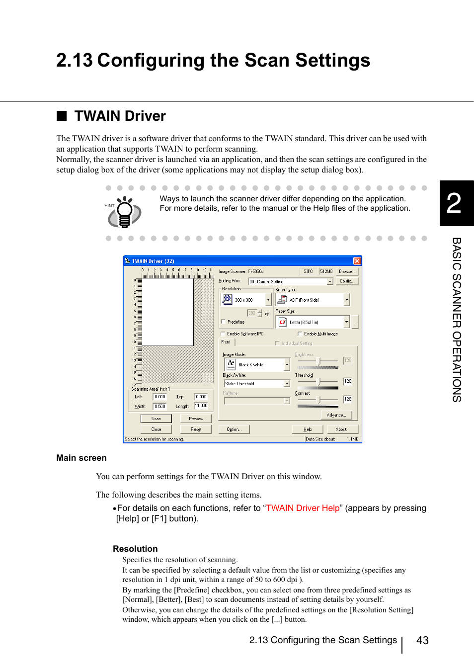 13 configuring the scan settings, Twain driver | FUJITSU fi-5950 User Manual | Page 63 / 257