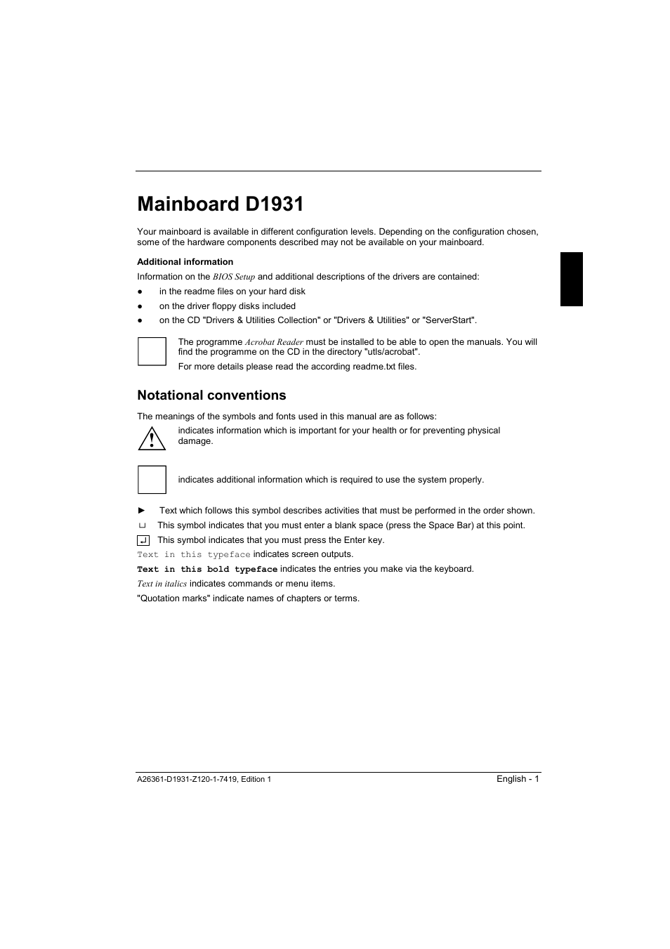 Mainboard d1931, Notational conventions, Important notes | FUJITSU Mainboard D1931 User Manual | Page 11 / 49