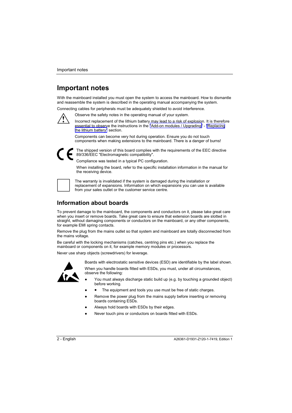 Important notes, Information about boards | FUJITSU Mainboard D1931 User Manual | Page 12 / 49