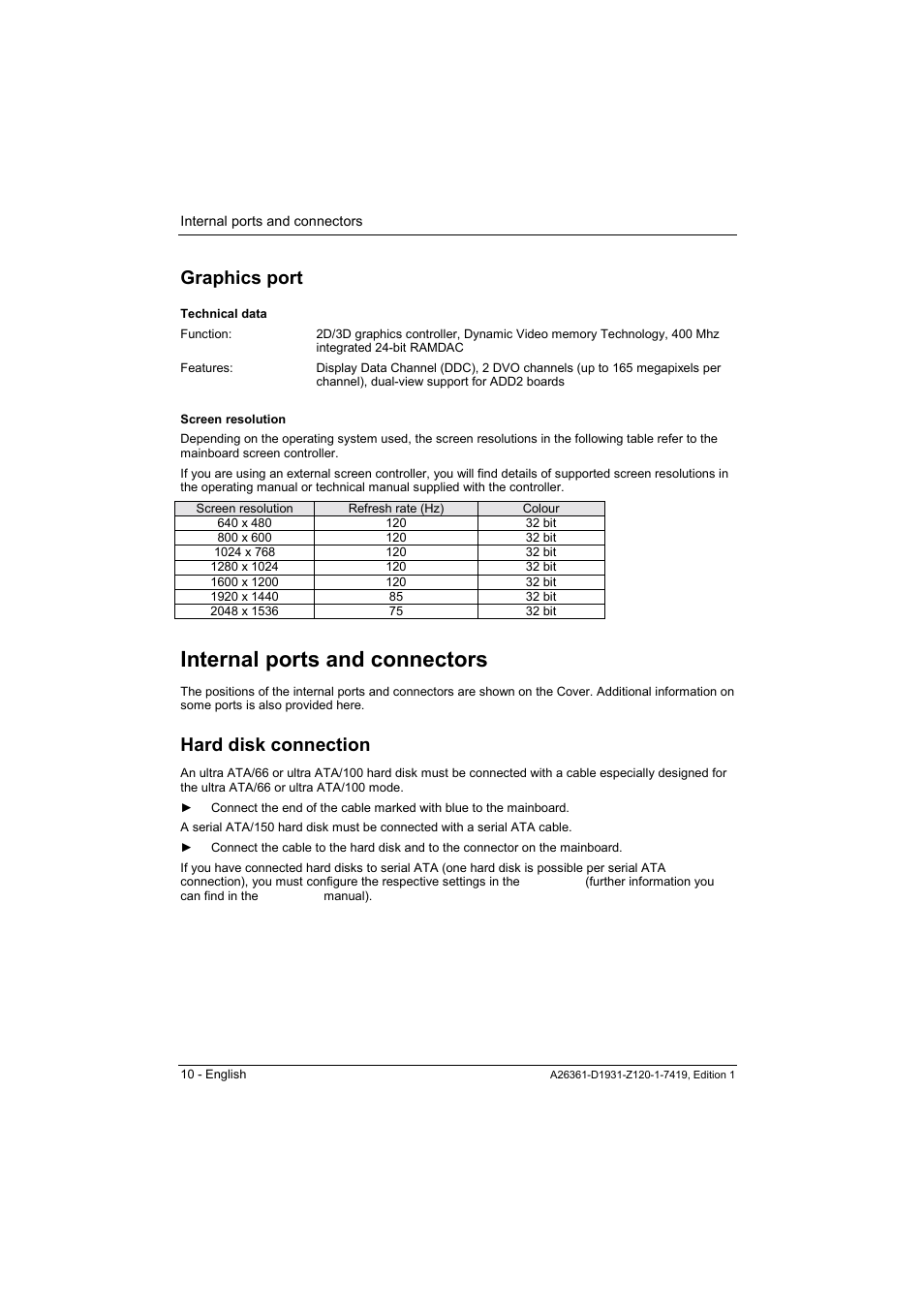 Graphics port, Internal ports and connectors, Hard disk connection | FUJITSU Mainboard D1931 User Manual | Page 20 / 49