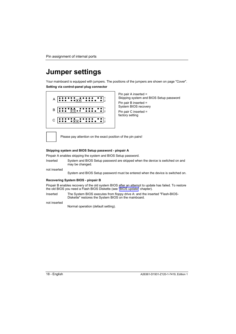 Jumper settings | FUJITSU Mainboard D1931 User Manual | Page 28 / 49