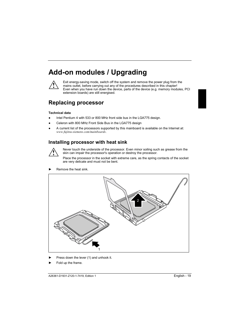 Add-on modules / upgrading, Replacing processor, Installing processor with heat sink | Ee "replacing processor, Ed "add-on modules / upgrading | FUJITSU Mainboard D1931 User Manual | Page 29 / 49