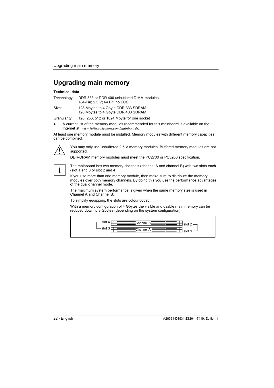 Upgrading main memory, Ee "upgrading main memory | FUJITSU Mainboard D1931 User Manual | Page 32 / 49