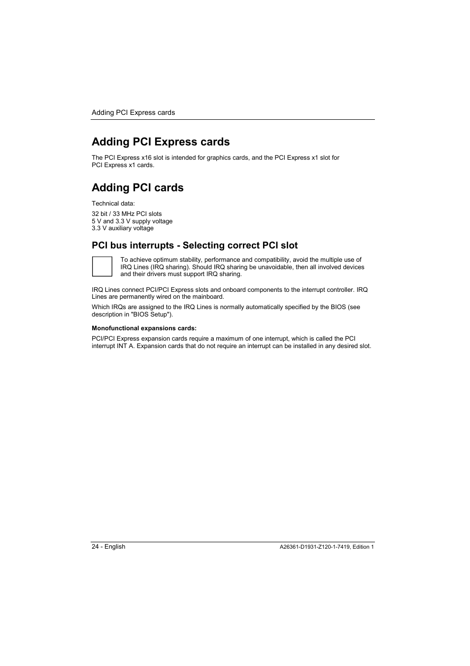 Adding pci express cards, Adding pci cards, Pci bus interrupts - selecting correct pci slot | FUJITSU Mainboard D1931 User Manual | Page 34 / 49