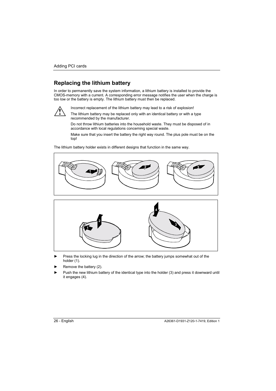 Replacing the lithium battery | FUJITSU Mainboard D1931 User Manual | Page 36 / 49
