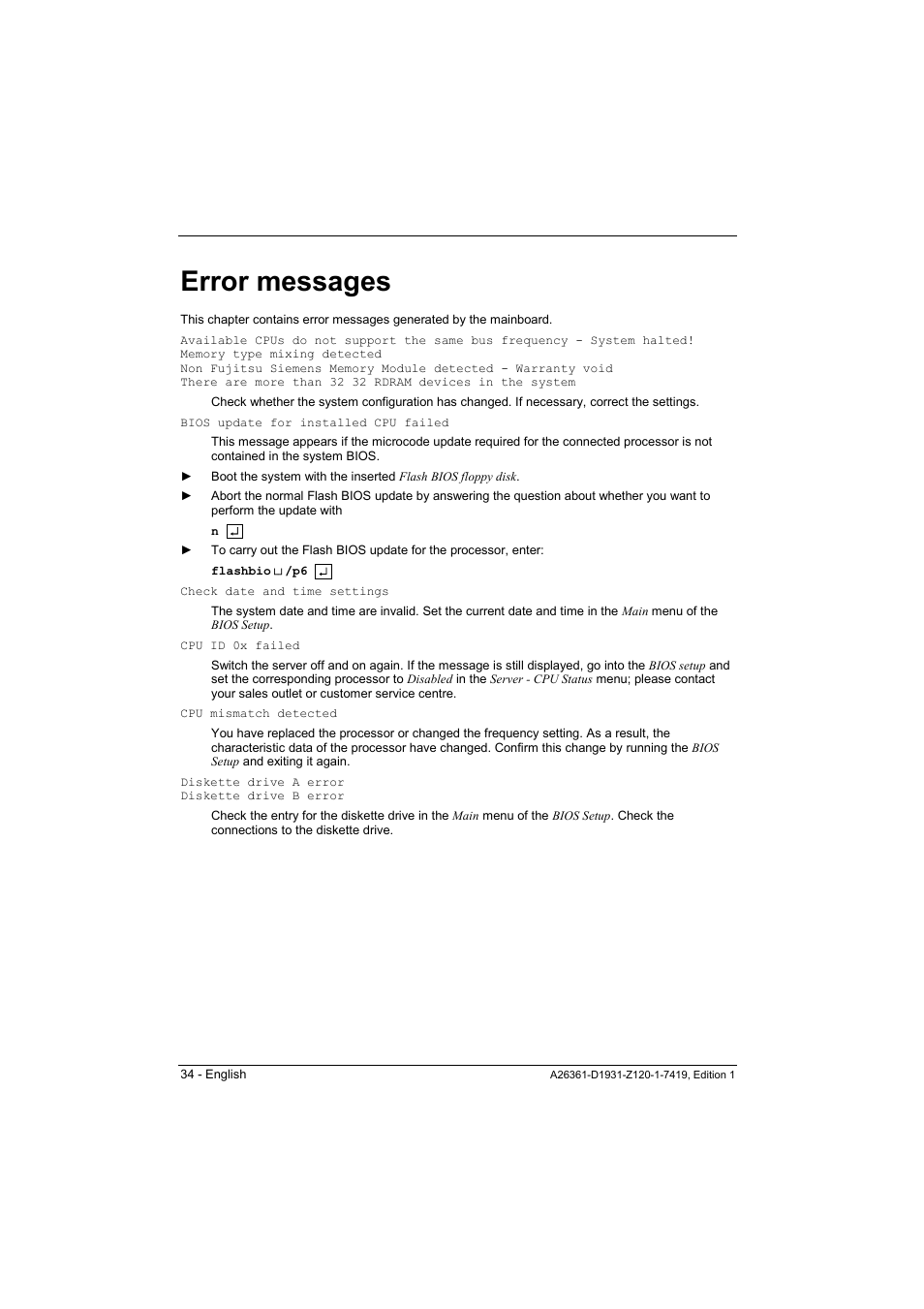 Error messages | FUJITSU Mainboard D1931 User Manual | Page 44 / 49