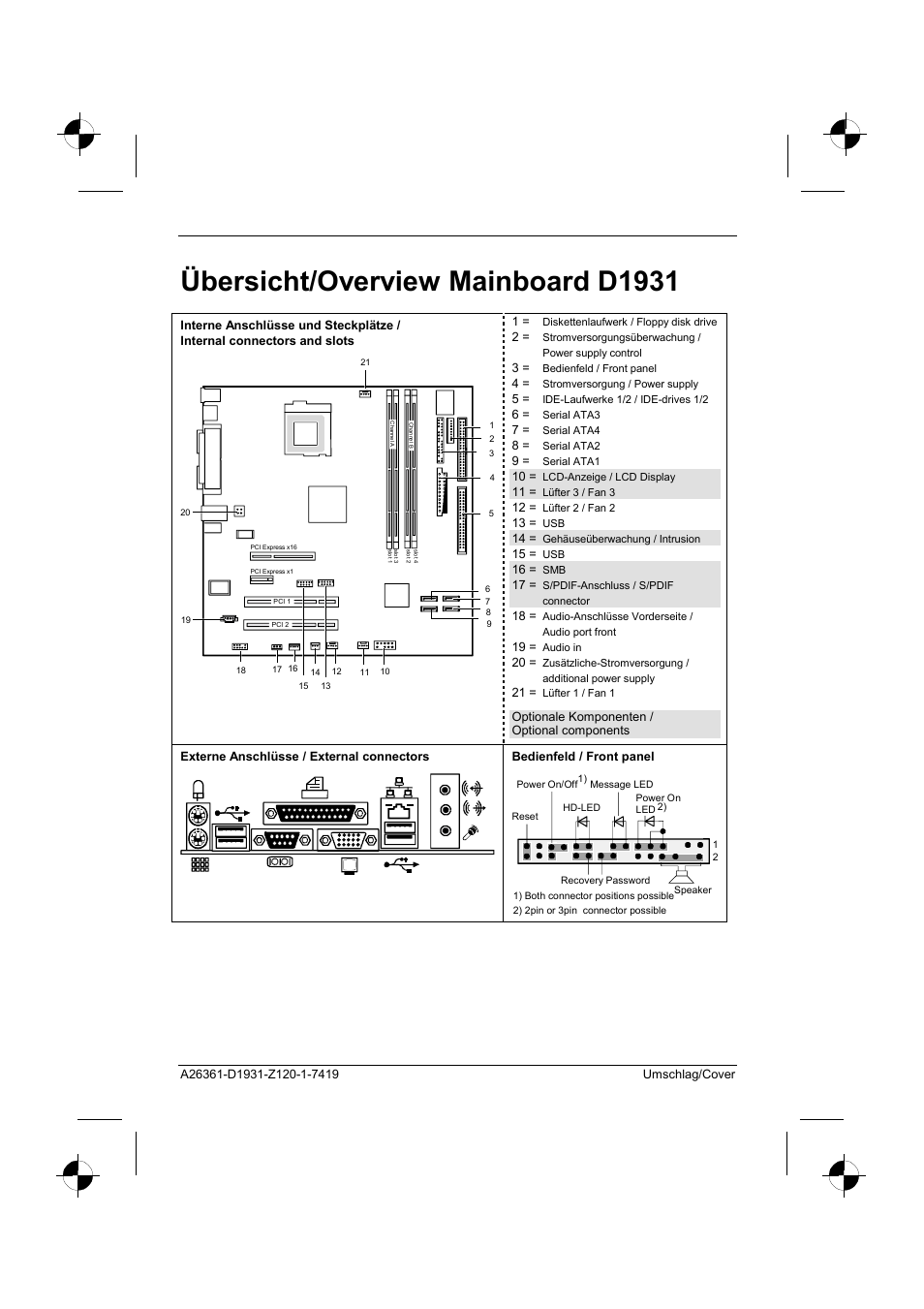 Übersicht/overview mainboard d1931 | FUJITSU Mainboard D1931 User Manual | Page 7 / 49