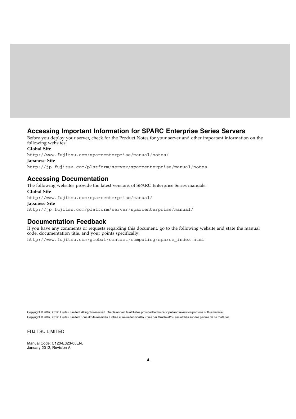 Accessing documentation, Documentation feedback | FUJITSU SPARC Enterprise M8000/M9000 User Manual | Page 4 / 4