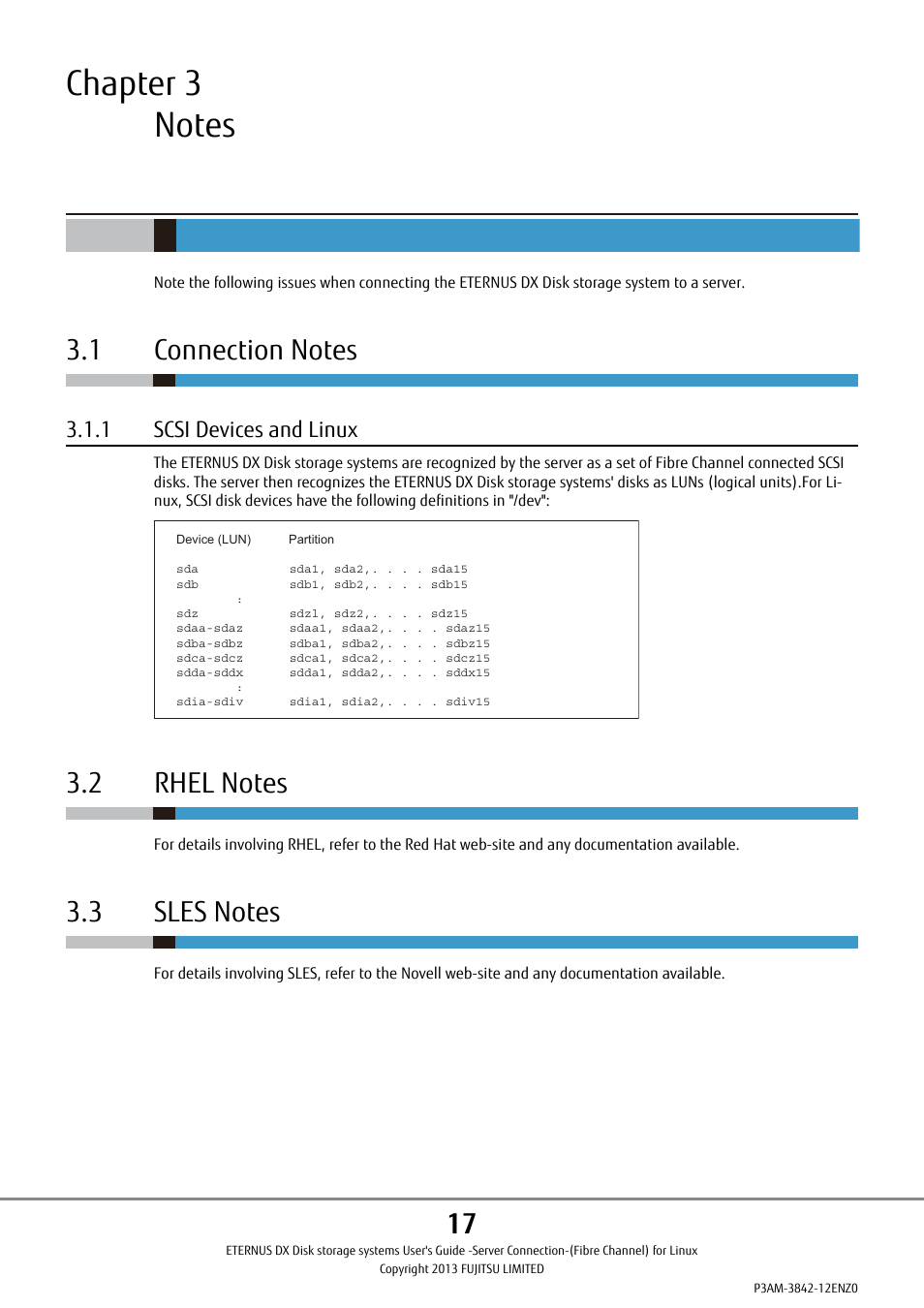 Chapter 3 notes, 1 connection notes, 1 scsi devices and linux | 2 rhel notes, 3 sles notes | FUJITSU ETERNUS DX P3AM-3842-05ENZ0 User Manual | Page 17 / 35