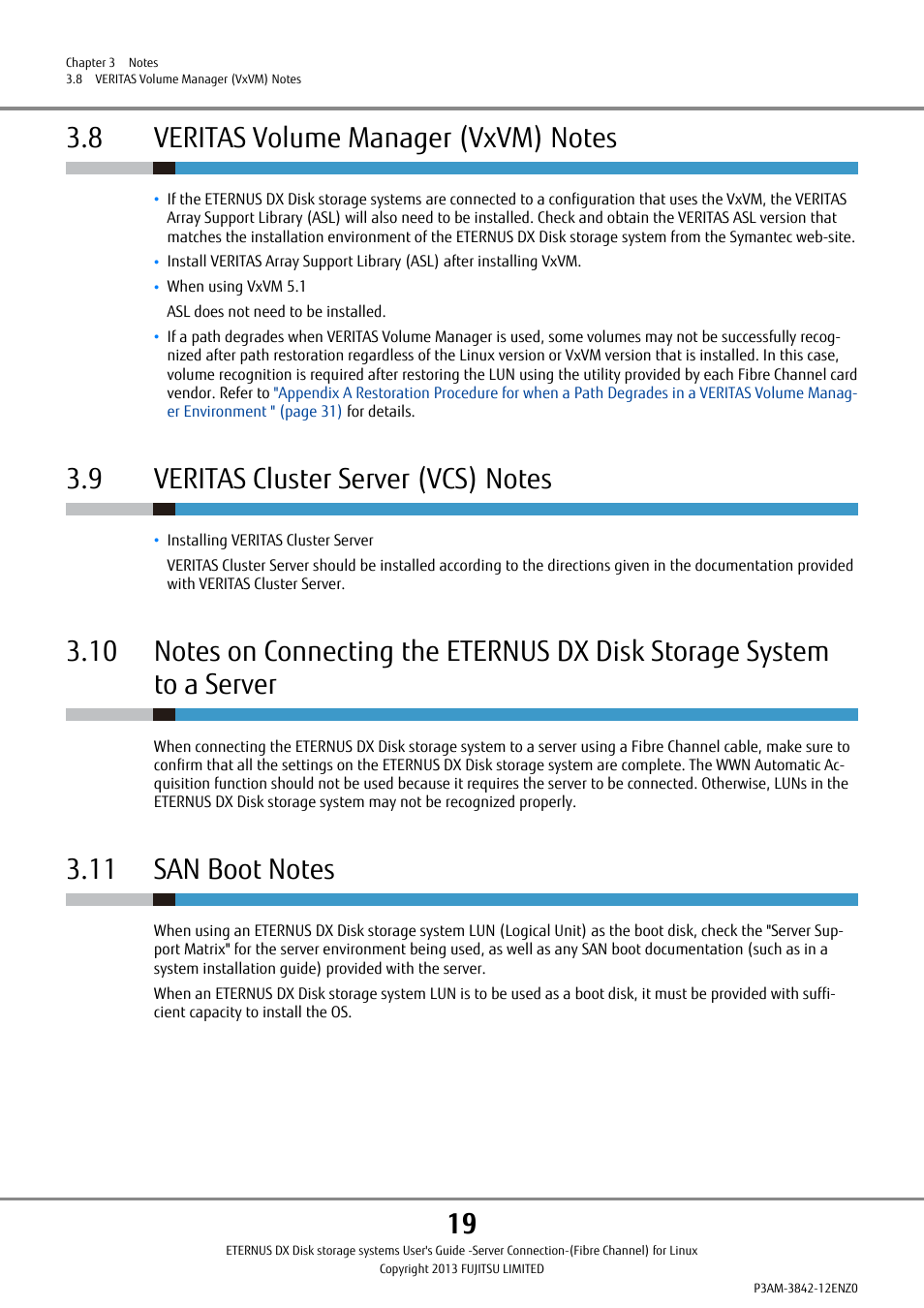 8 veritas volume manager (vxvm) notes, 9 veritas cluster server (vcs) notes, 11 san boot notes | FUJITSU ETERNUS DX P3AM-3842-05ENZ0 User Manual | Page 19 / 35