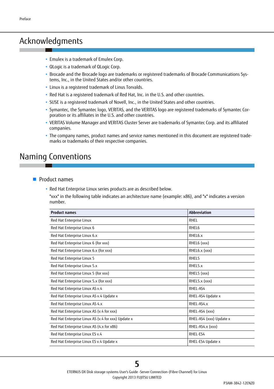 Acknowledgments, Naming conventions, Product names | FUJITSU ETERNUS DX P3AM-3842-05ENZ0 User Manual | Page 5 / 35