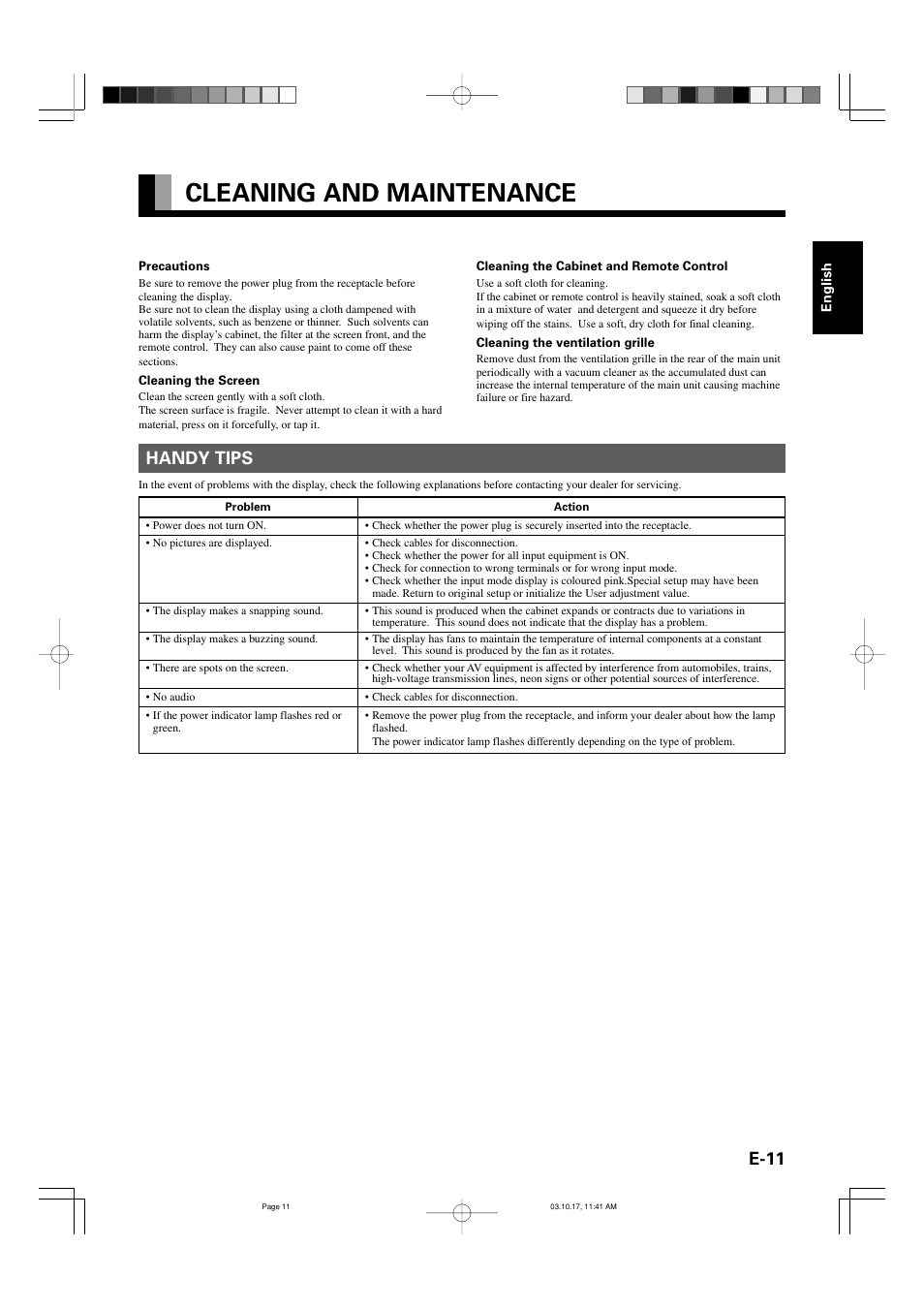 Cleaning and maintenance, E-11, Handy tips | FUJITSU P42HHS30E User Manual | Page 11 / 11