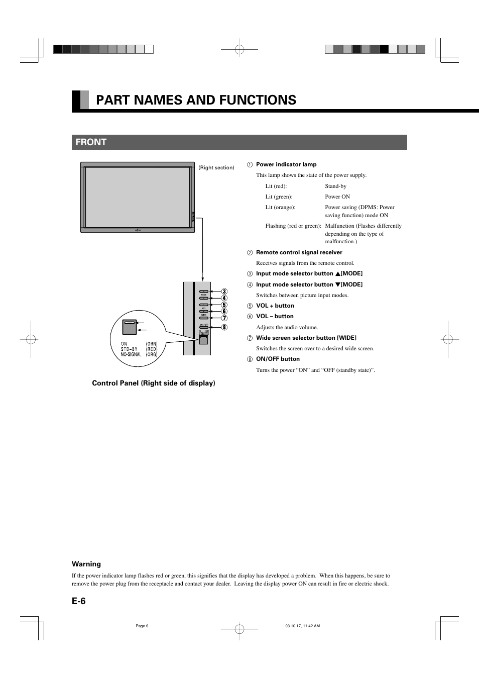 Part names and functions, Front | FUJITSU P42HHS30E User Manual | Page 6 / 11