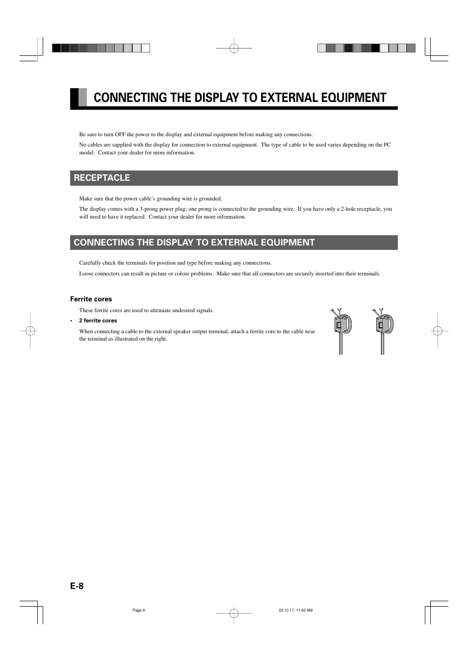 Connecting the display to external equipment, Receptacle | FUJITSU P42HHS30E User Manual | Page 8 / 11