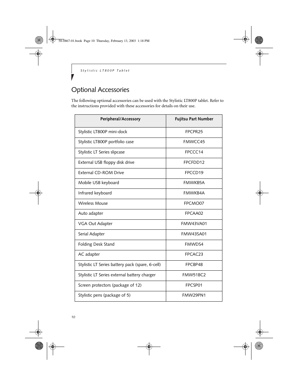 Optional accessories, Optional accessories 0 | FUJITSU LT800P User Manual | Page 12 / 102