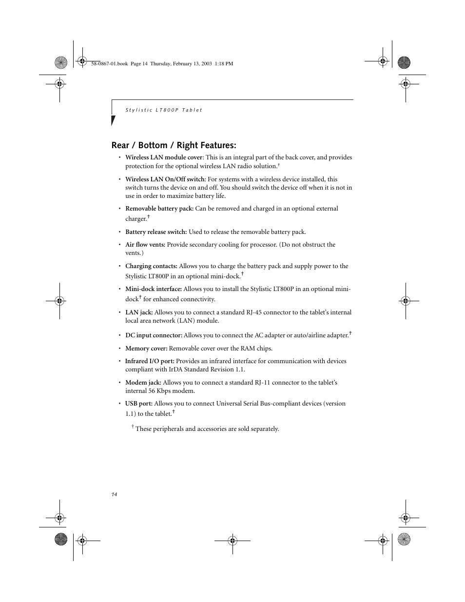 Rear / bottom / right features | FUJITSU LT800P User Manual | Page 16 / 102