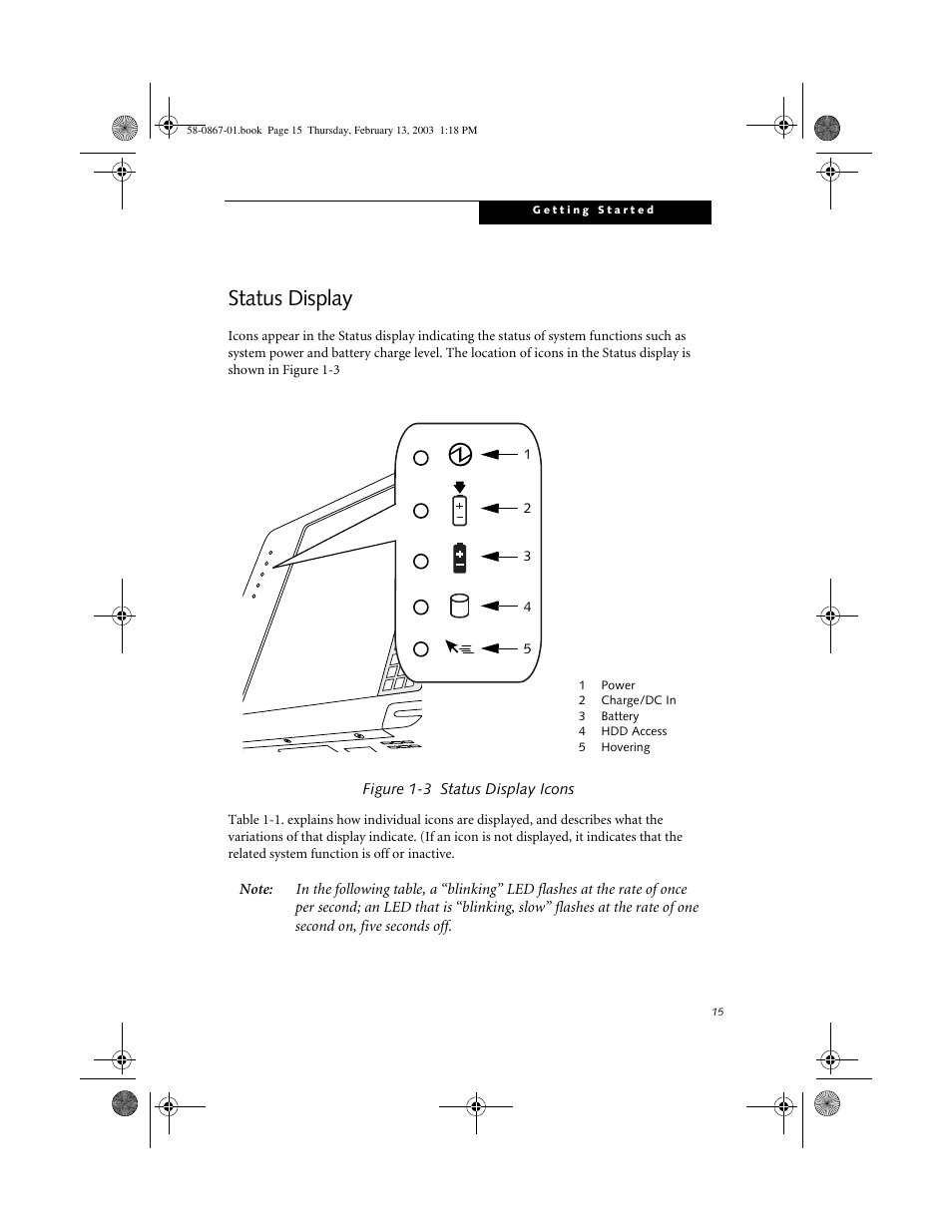 Status display, Figure 1-3 status display icons, Status display 1 | FUJITSU LT800P User Manual | Page 17 / 102