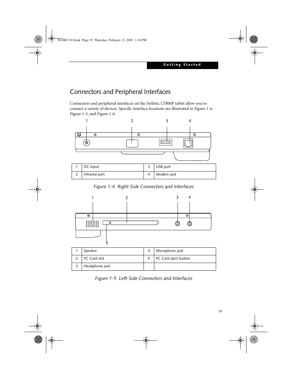 Connectors and peripheral interfaces, Figure 1-4 right-side connectors and interfaces, Figure 1-5 left-side connectors and interfaces | Connectors and peripheral interfaces 1 | FUJITSU LT800P User Manual | Page 21 / 102